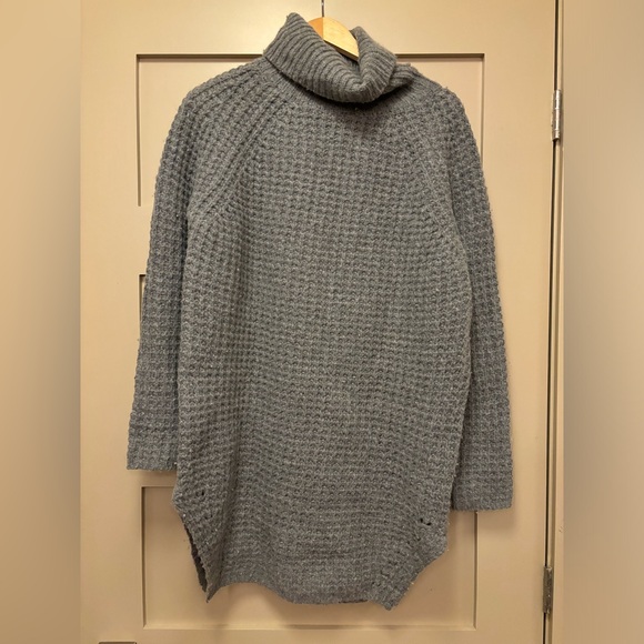 OAK + FORT Sweaters - OAK + FORT Wool Blend Open Knit Long Sleeve Tunic Sweater Dress Funnel Neck Grey